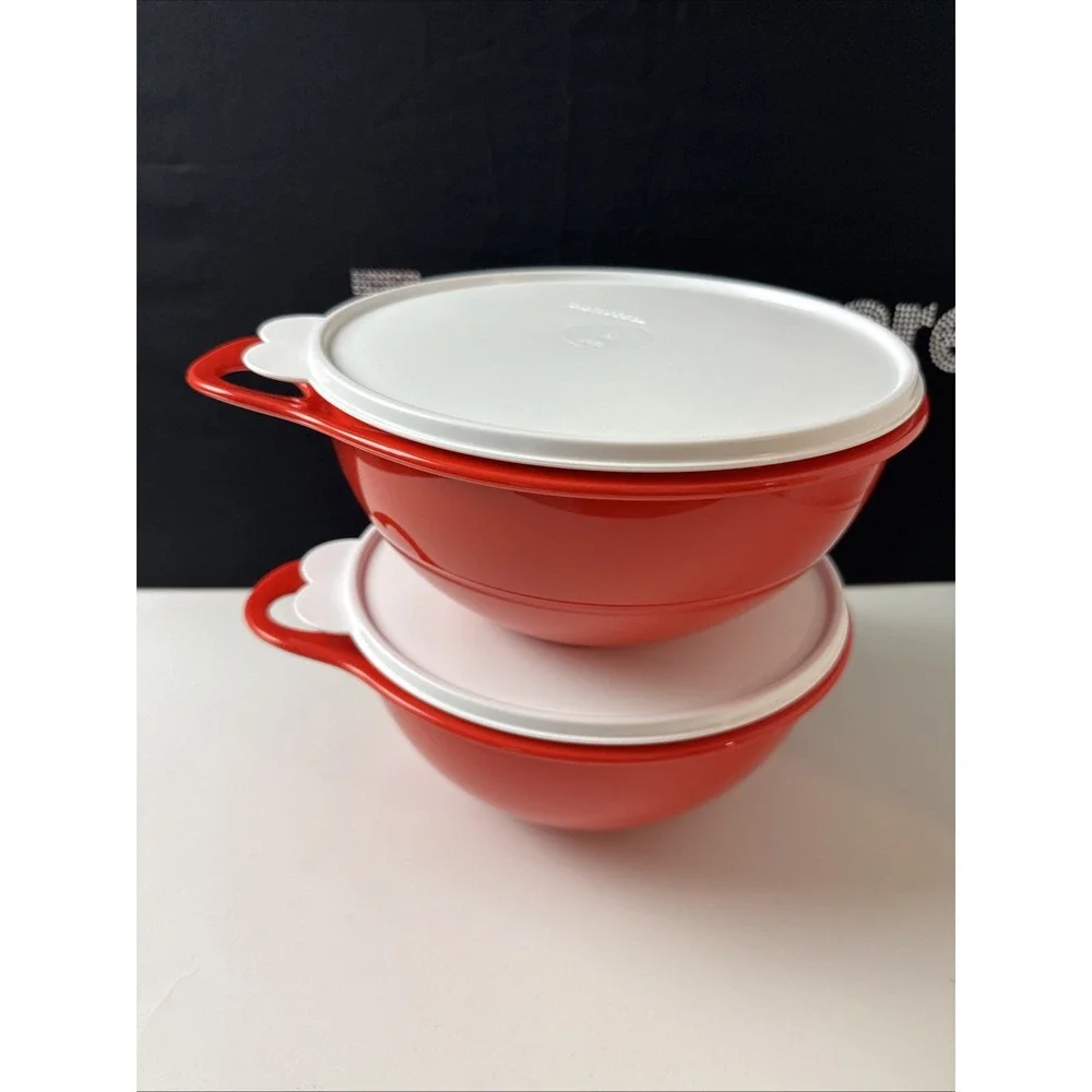 Tupperware Thatsa Jr Mixing Bowl 2.8L / 12 cup Dark Red White Seal Set Of 2